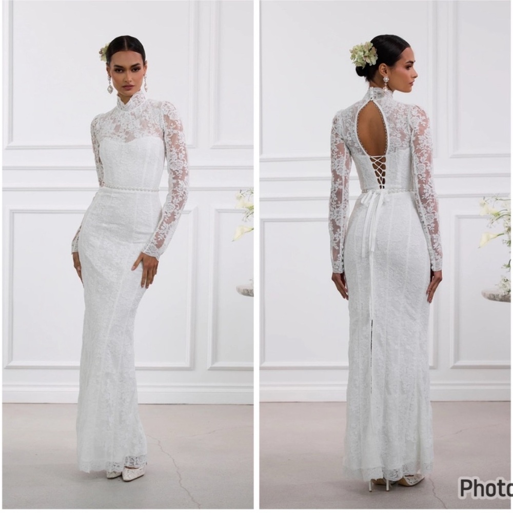 V Chapman Jules Turtleneck Lace Maxi Dress White Bride Wedding Size 8 Read Desc